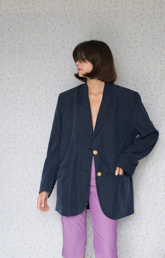 Vintage navy blue oversized silk blazer