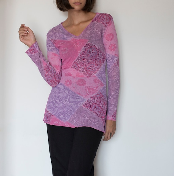 Vintage pink mesh printed long sleeve top