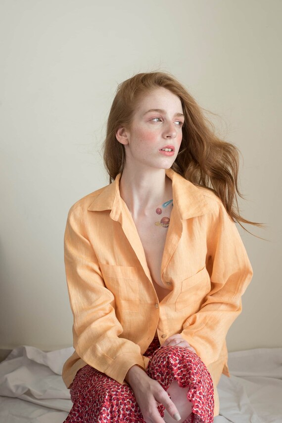 Vintage washed orange linen shirt / large