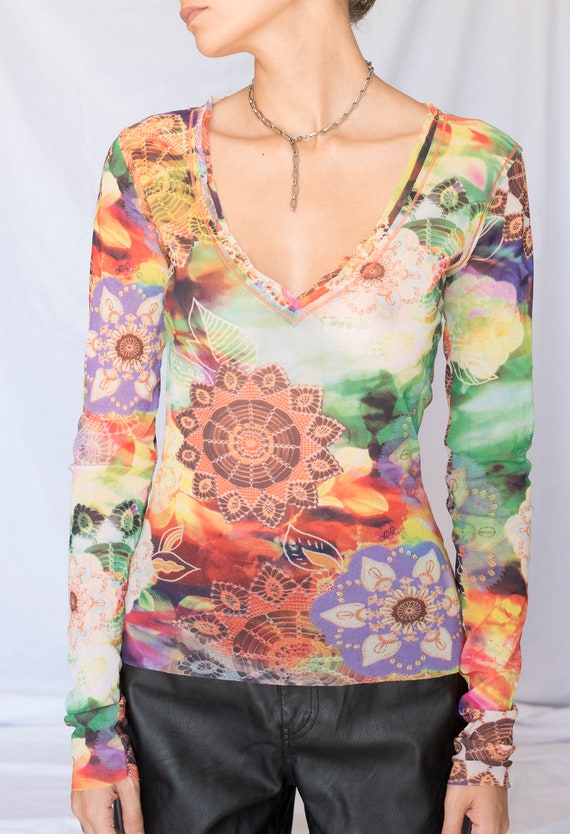 1990s Multicolour Printed Mesh Long Sleeve Top - image 3