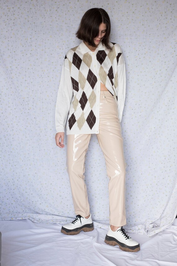 Vintage ivory argyle knitted long sleeve cardigan