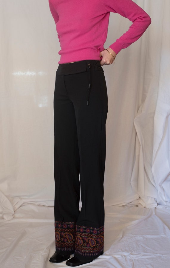 1990s Embroidered Hem Flared Pants in Black