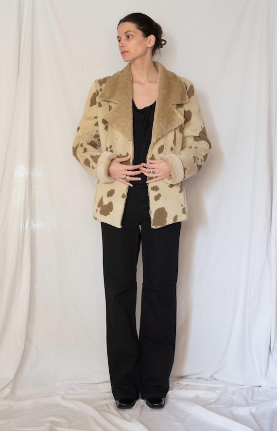 1990s Shearling Patchwork Jacket in Beige and Bro… - image 1