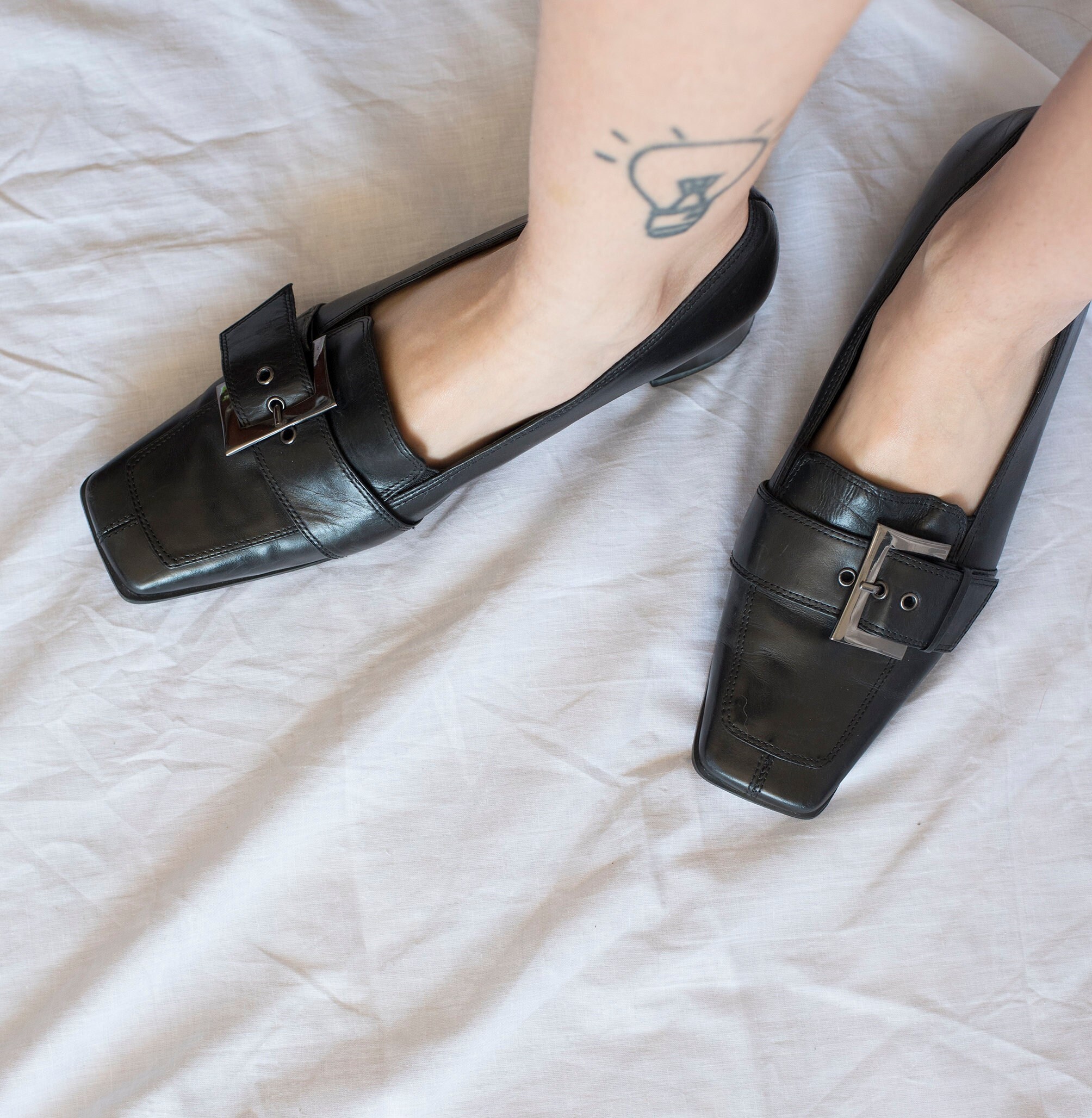 Y2K Leather Belted Heeled Loafers in Black - Etsy