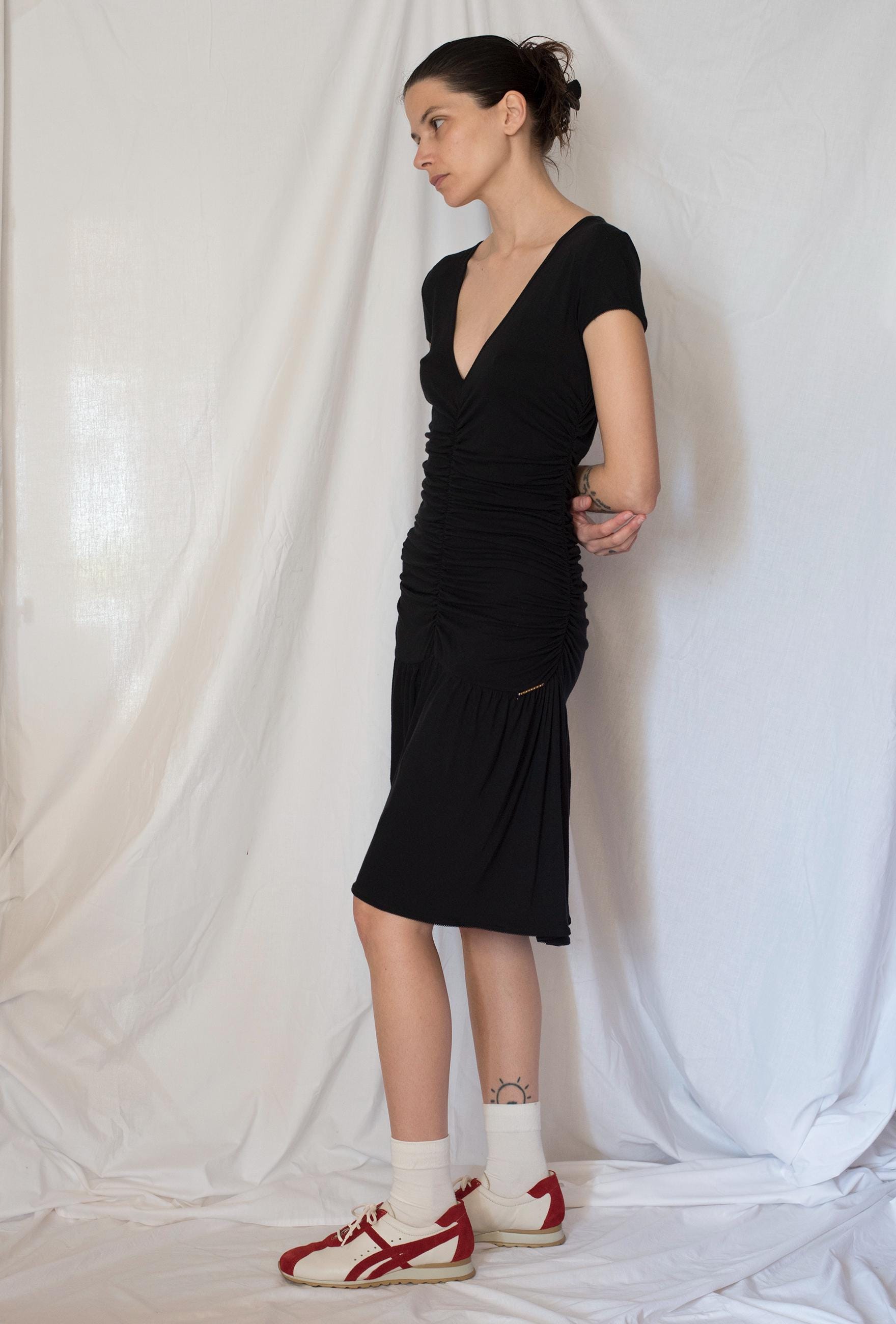 Y2K Fornarina Ruched Drop Waist Midi Dress in Black