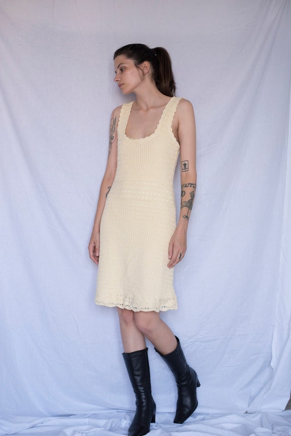 1970s Handmade Crochet Dress in Butter Yellow