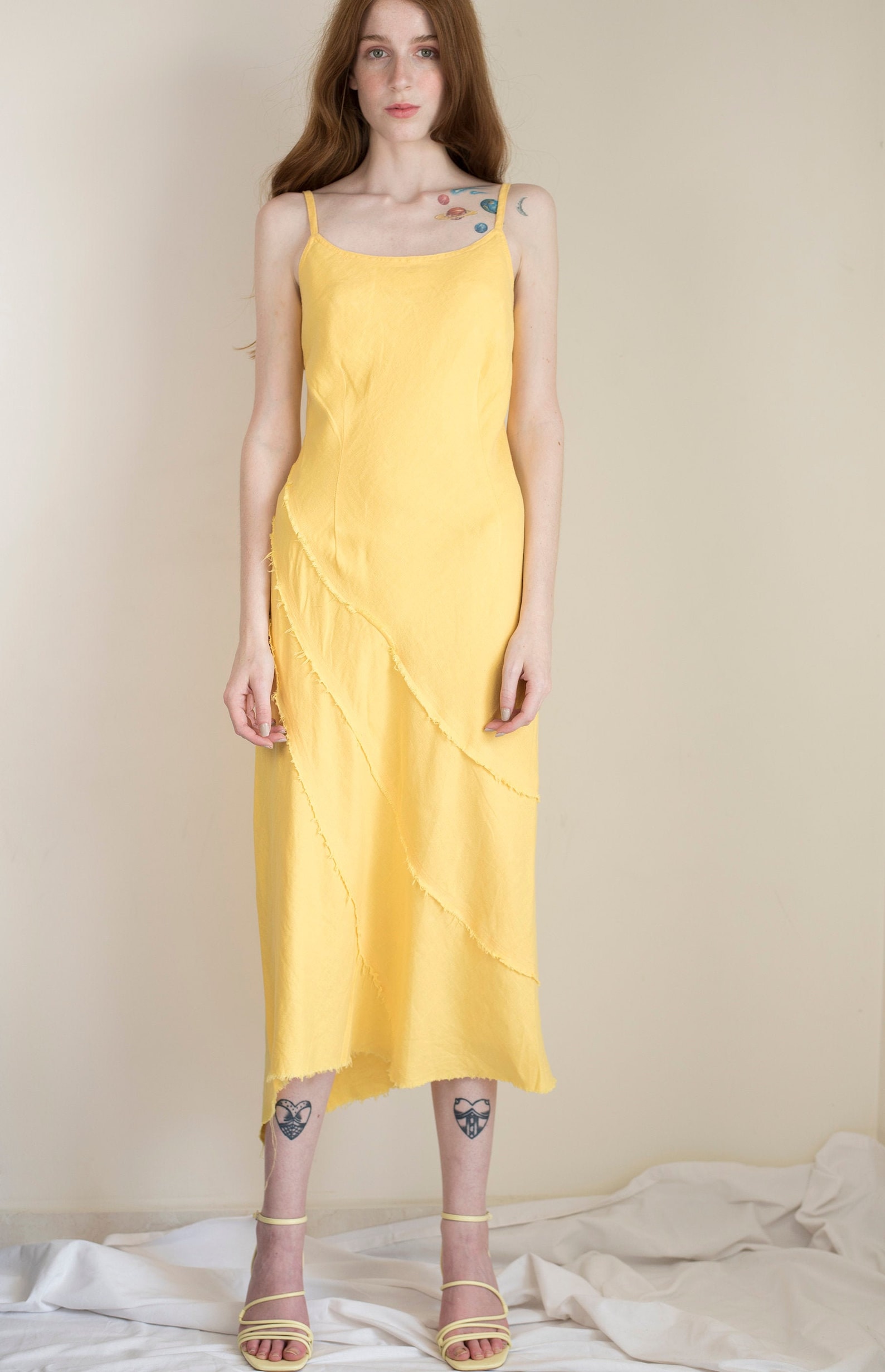Vintage yellow linen midi slip dress / small Etsy