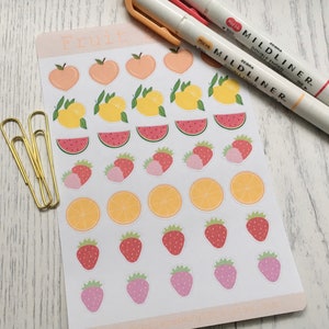 Feuille d'autocollants pour salade de fruits, 12 autocollants dessinés à la main, idéal pour les agendas, les bullet journals et les albums de scrapbooking