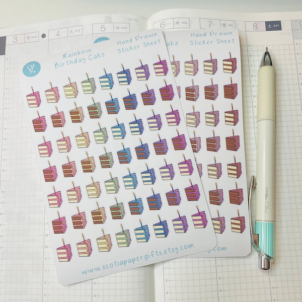 Birthday Cake Planner Sticker Icons, 56 Hand Drawn Stickers, Great for Planners, Bullet Journals, and Agendas