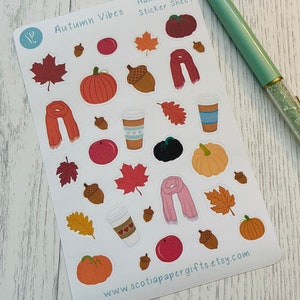 Feuille d'autocollants Autumn Vibes, 31 autocollants dessinés à la main inspirés de l'automne, idéal pour les agendas, les Bullet Journals et les albums de scrapbooking