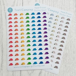 Icônes d'autocollants pour agenda de tente/camping, 91 autocollants dessinés à la main, idéales pour les agendas, les bullet journals et les agendas