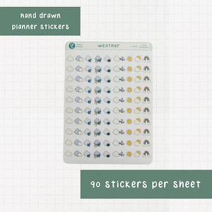 Feuille d'autocollants icônes météo, 90 autocollants dessinés à la main, idéal pour les agendas, les Bullet Journals et les albums de scrapbooking