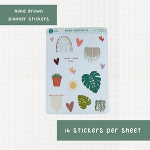 Feuille d'autocollants esthétiques bohèmes, 16 autocollants tendance dessinés à la main, idéal pour les agendas, les Bullet Journals et les albums de scrapbooking