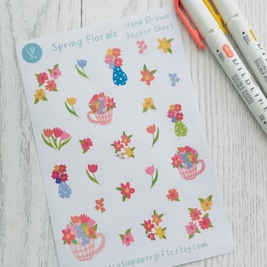 Feuille d'autocollants pour agenda floral printanier, 26 autocollants tendance dessinés à la main, idéal pour les agendas, les Bullet Journals et les albums de scrapbooking