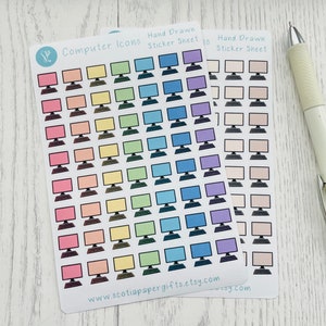 May include: Two sheets of stickers featuring hand-drawn computer icons. The first sheet has a rainbow gradient of colors, and the second sheet is a light pink color. The text "Computer Icons Hand Drawn Sticker Sheet" is printed at the top of the sheets.