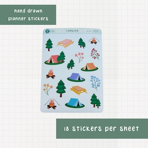 Feuille d'autocollants pour agenda de camping, 18 autocollants dessinés à la main, idéal pour les agendas, les Bullet Journals et les albums de scrapbooking