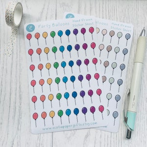 Icônes d'autocollants d'agenda de ballons de fête, 54 autocollants dessinés à la main, parfaits pour les agendas, les bullet journals et les agendas