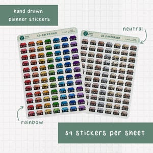 May include: Two sheets of planner stickers featuring small house illustrations in rainbow and neutral color palettes. Each sheet contains 84 stickers. The text "hand drawn planner stickers" and "co-parenting" are visible.