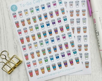 To-Go Cup Planner Stickers, Hand Drawn Coffee and Tea Icons