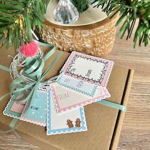 Etiquettes pour cadeaux de Noël pastel, 6 étiquettes dessinées à la main avec de la ficelle, parfaites pour offrir