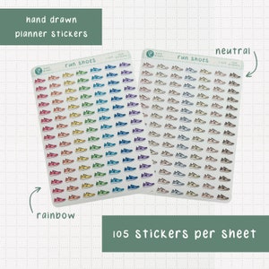 May include: Two sheets of planner stickers featuring 105 hand-drawn running shoe icons. One sheet has rainbow coloured shoes and the other has neutral coloured shoes.