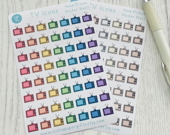 May include: Two sheets of stickers featuring hand-drawn illustrations of retro televisions in various colors. The text "Hand Drawn Sticker Sheet" and "TV Icons" is printed on the sheets.