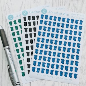 Icônes d'autocollants pour agenda de poubelle/recyclage/compost, 100 autocollants dessinés à la main, parfaits pour les agendas, les bullet journals et les agendas