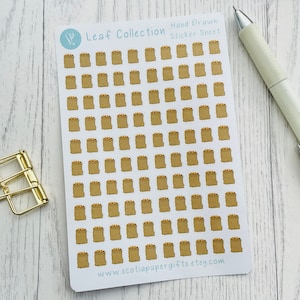 May include: A sheet of 100 brown paper bag stickers with a hand-drawn design. The stickers are arranged in a grid pattern. The sheet is white with the text "Leaf Collection Hand Drawn Sticker Sheet" and a website address.