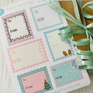 Étiquettes cadeaux de Noël pastel, 6 autocollants dessinés à la main, parfaits pour offrir