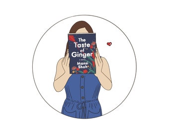 May include: Illustration of a person holding a book titled "The Taste of Ginger" by Mansi Shah. The book cover is dark blue with red and yellow floral accents. The person is wearing a blue dress.