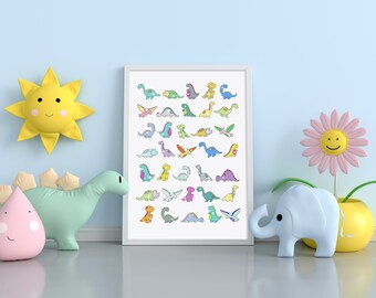 Kids Dinosaur Art Prints, Dinosaur Wall Art Nursery, Dinosaur Wall Decor Nursery, Wall Art Dinosaur, Kids Room Decor, Kids Wall Art Animals