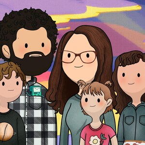 May include: A digital illustration of a family of five with a cartoon style. The family is standing in front of a colorful sunset background. The father has a beard and is wearing a plaid shirt with a small green device in his pocket. The mother is wearing a green shirt and glasses. The children are wearing various colored shirts.