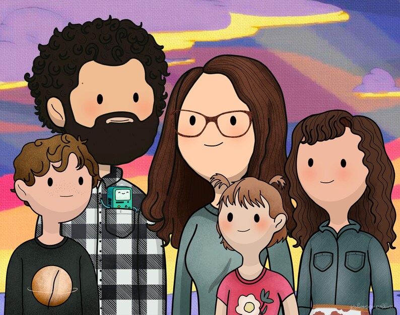 May include: A digital illustration of a family of five with a cartoon style. The family is standing in front of a colorful sunset background. The father has a beard and is wearing a plaid shirt with a small green device in his pocket. The mother is wearing a green shirt and glasses. The children are wearing various colored shirts.