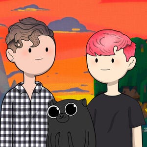 May include: Two cartoon characters, one with brown hair and a black and white checkered shirt, the other with pink hair and a black shirt, stand in front of a sunset background. A black cartoon cat with large eyes sits in front of them.