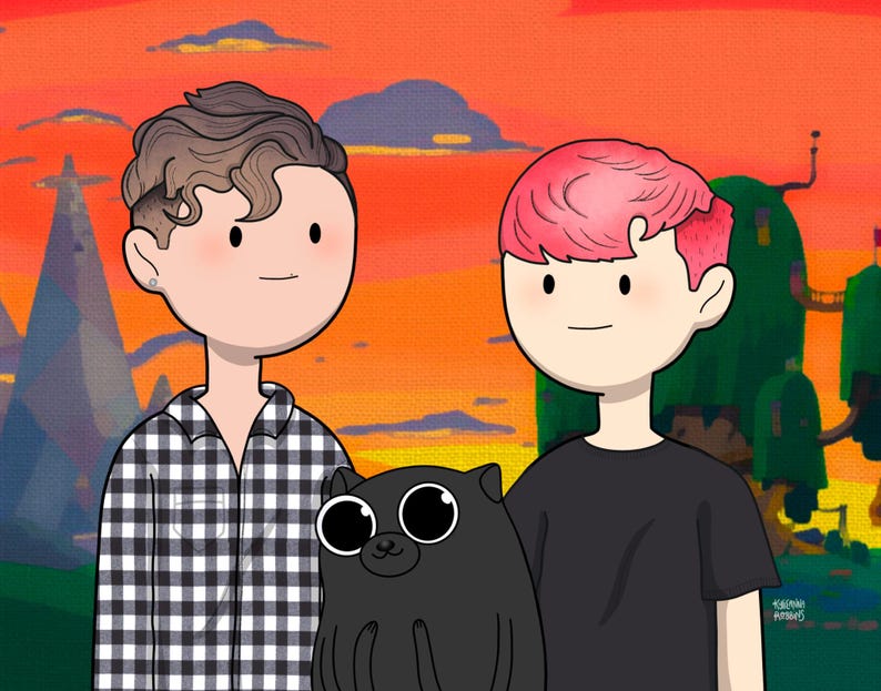 May include: Two cartoon characters, one with brown hair and a black and white checkered shirt, the other with pink hair and a black shirt, stand in front of a sunset background. A black cartoon cat with large eyes sits in front of them.