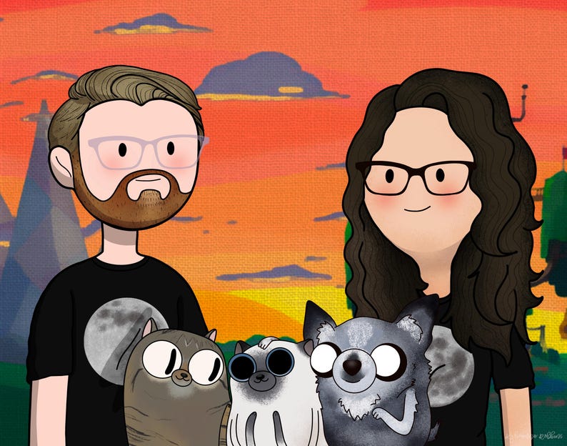 May include: A digital illustration of a couple with their three pets. The couple is depicted in a cartoon style with large eyes and smiles. The pets are a cat, a dog, and a cat-like creature. The background is a sunset with clouds.