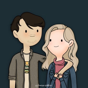 May include: A cartoon illustration of a couple, a man with brown hair and a woman with blonde hair, smiling and looking at the viewer. The man is wearing a brown patterned shirt and the woman is wearing a blue denim jacket over a pink turtleneck.