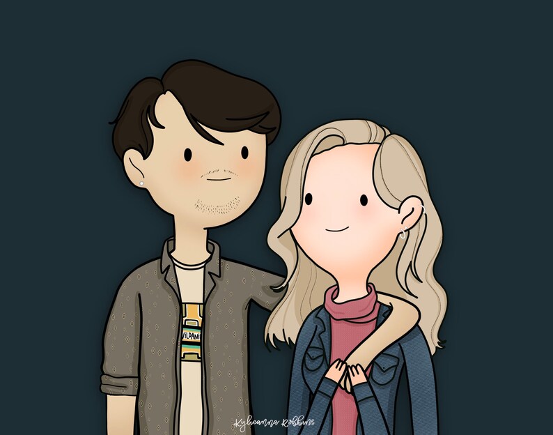 May include: A cartoon illustration of a couple, a man with brown hair and a woman with blonde hair, smiling and looking at the viewer. The man is wearing a brown patterned shirt and the woman is wearing a blue denim jacket over a pink turtleneck.