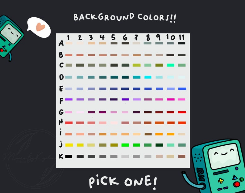 May include: A chart with 11 columns and 11 rows of color swatches. The chart is labeled "BACKGROUND COLORS!!" and "PICK ONE!" The chart is surrounded by cartoon characters.