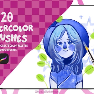 May include: A digital illustration of a blue character with a blue hat and long blue hair. The character is surrounded by green leaves and white stars. The text "20 Watercolor Brushes + A FREE Procreate Color Palette & 5 Bonus Brushes" is displayed on a pink and white checkered background.