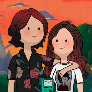 May include: Two cartoon characters, a woman with red hair and a woman with brown hair, are drawn in a colorful cartoon style. The woman with red hair is wearing a black and floral shirt and is holding her arm around the woman with brown hair. The woman with brown hair is wearing a white shirt with a cartoon character on it. The background is a cartoon landscape with a sunset.