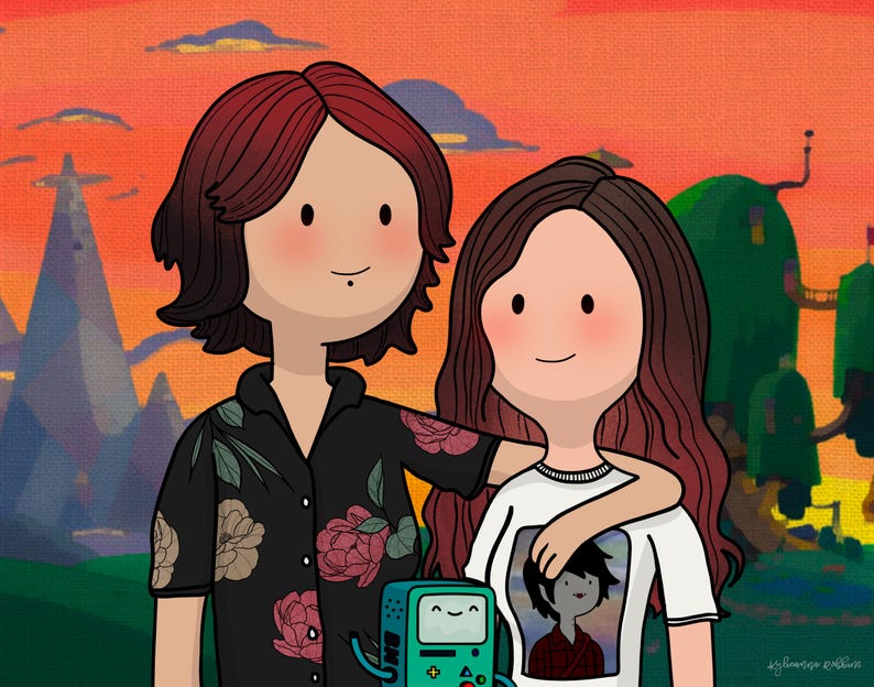 May include: Two cartoon characters, a woman with red hair and a woman with brown hair, are drawn in a colorful cartoon style. The woman with red hair is wearing a black and floral shirt and is holding her arm around the woman with brown hair. The woman with brown hair is wearing a white shirt with a cartoon character on it. The background is a cartoon landscape with a sunset.