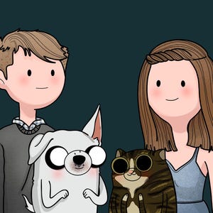 May include: A digital illustration of a couple with their pets. The man has short brown hair and is wearing a gray sweater. The woman has long brown hair and is wearing a blue sleeveless dress. The pets are a white dog with black glasses and a brown and black cat with round black glasses.