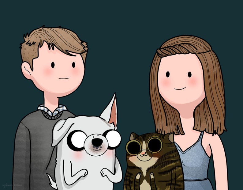 May include: A digital illustration of a couple with their pets. The man has short brown hair and is wearing a gray sweater. The woman has long brown hair and is wearing a blue sleeveless dress. The pets are a white dog with black glasses and a brown and black cat with round black glasses.