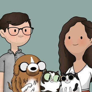 May include: A digital illustration of a couple with their pets. The man is wearing a gray shirt and glasses. The woman is wearing a white shirt and has long brown hair. They are holding a brown and white dog and two black and white cats.