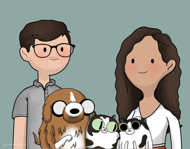 May include: A digital illustration of a couple with their pets. The man is wearing a gray shirt and glasses. The woman is wearing a white shirt and has long brown hair. They are holding a brown and white dog and two black and white cats.