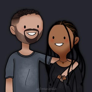 May include: A cartoon illustration of a couple, a man with brown hair and a beard wearing a gray shirt and a woman with long black hair wearing a black shirt and a gold necklace.
