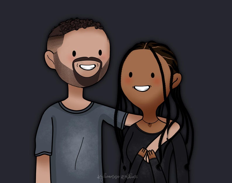 May include: A cartoon illustration of a couple, a man with brown hair and a beard wearing a gray shirt and a woman with long black hair wearing a black shirt and a gold necklace.