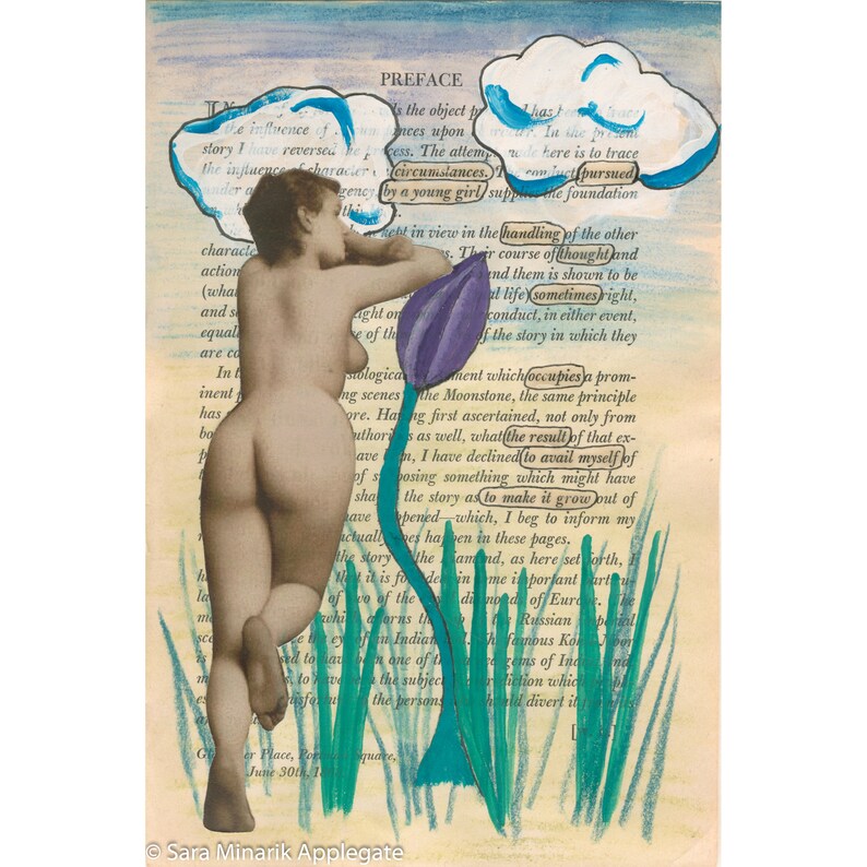 Original Vintage Nude Collage To Make it Grow Mixed Media found words poem, painted, vintage book page image 1