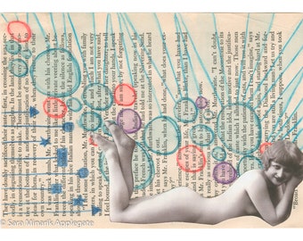 Original Vintage Nude Collage "Struck Dumb" - Mixed Media - colored pencil, vintage book page